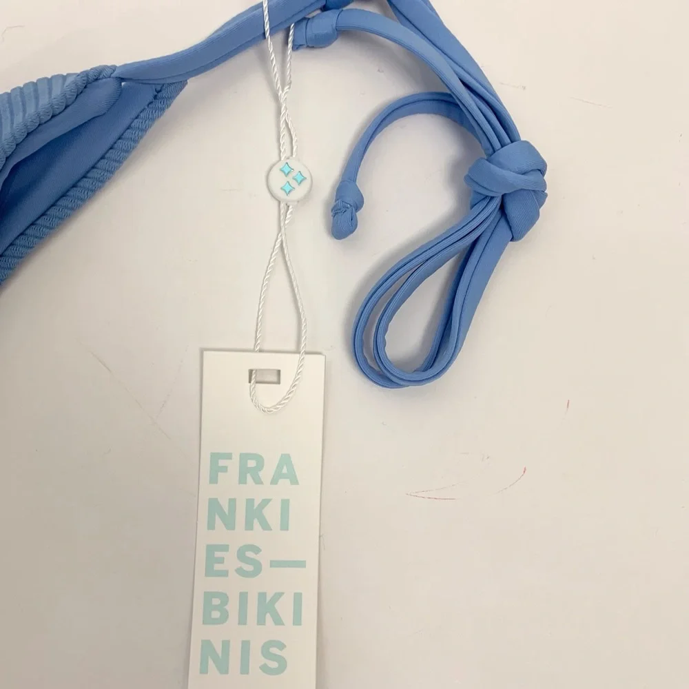 Frankie’s Bikinis Blue Sky Ribbed Side Tie Bottoms Sz L